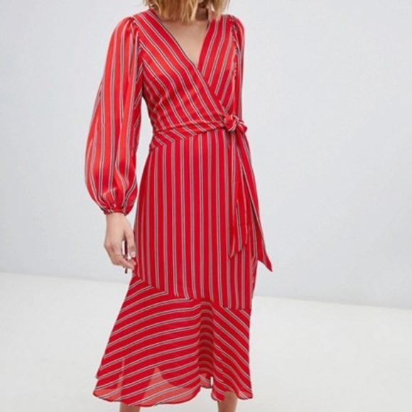 Striped Wrap Tie Front Midi Dress 